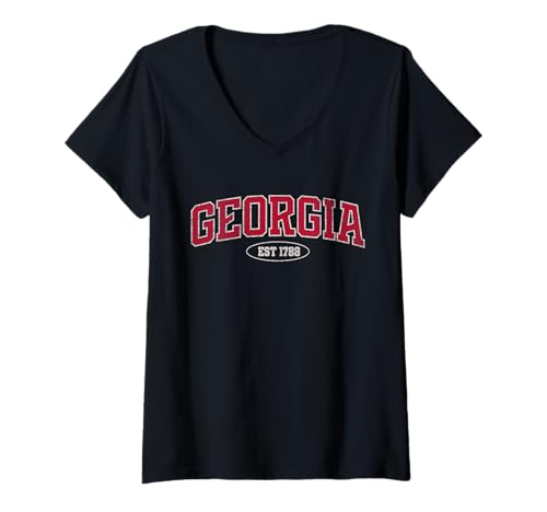 Damen Georgia EST 1788 Collegiate Distressed Varsity Design T-Shirt mit V-Ausschnitt Damen Georgia EST 1788 Collegiate Distressed Varsity Design T-Shirt mit V-Ausschnitt von Peach State Heritage Apparel Co.