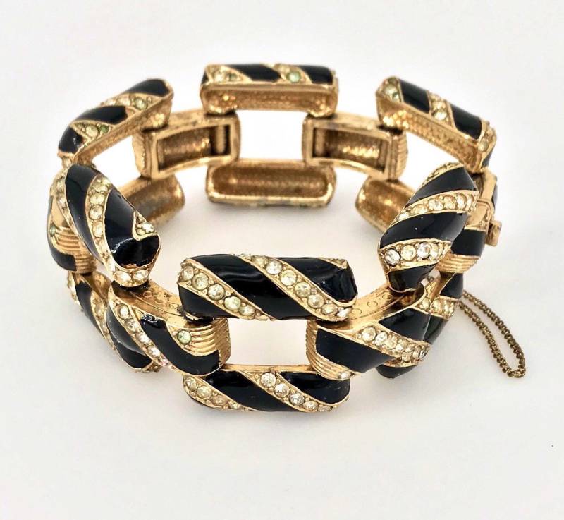 Ciner Pave Armband Kette Link Emailliert Strassstein Art-Deco-Streifen Schwarz Haute Couture Designer von PeachyGlitters