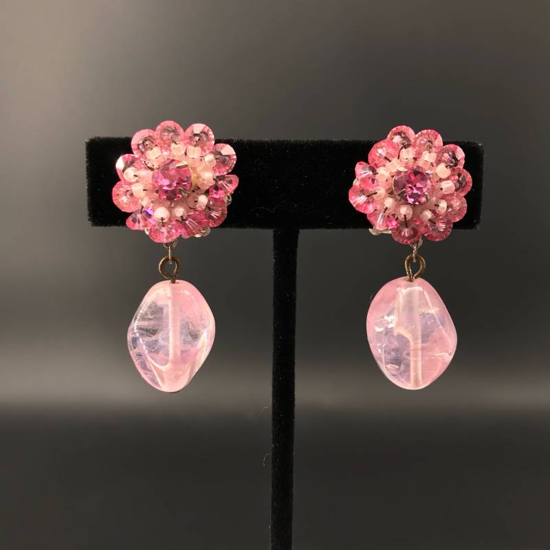 Rosa Miriam Haskell Rivioli Gegossene Glas Swirl Ohrringe 1940 Baumeln Tropfen Kristall Strass von PeachyGlitters