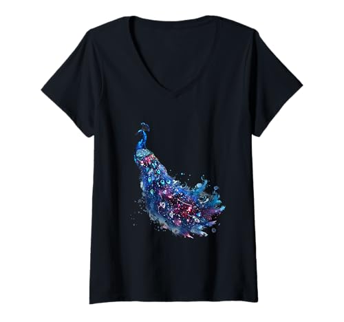 Damen Pfau Vogel Liebhaber Kunstwerk Tier Bunte Feder Pfau T-Shirt mit V-Ausschnitt von Peacock Bird Animal Art