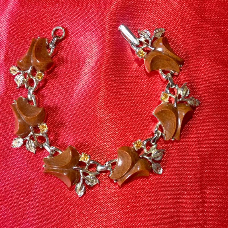 Vintage Armband Floral Bakelit Strass Braun von PeacockBySandy