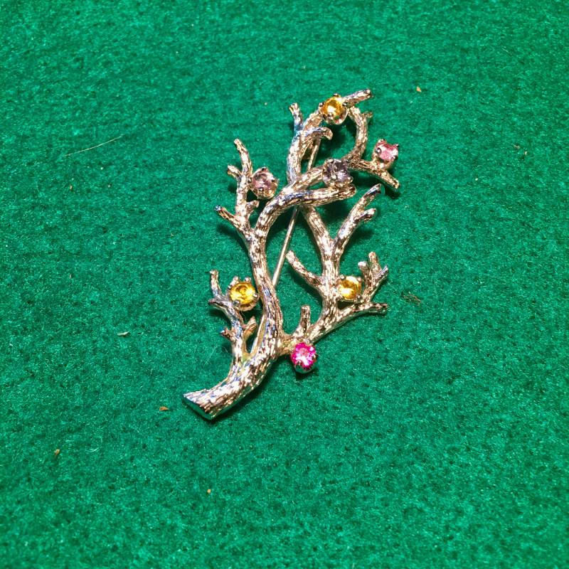 Vintage Brosche Ast Silberfarben Bunter Strass von PeacockBySandy