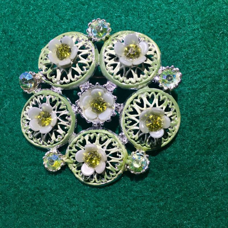 Vintage Brosche Blüten Emailliert Strass von PeacockBySandy