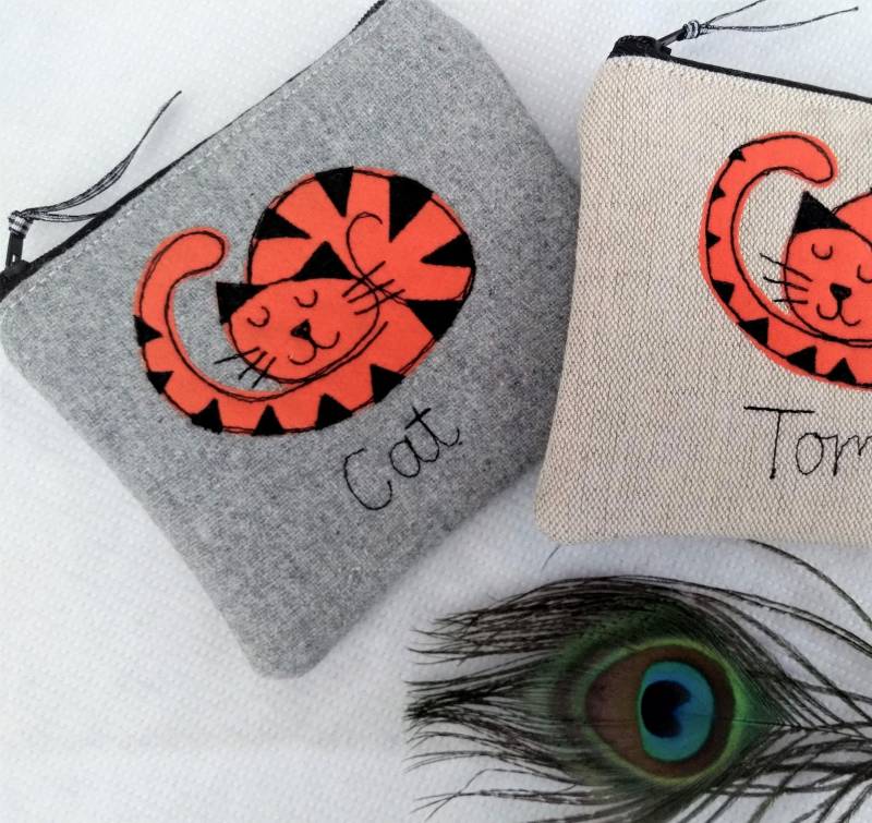 Personalisierte Ginger Cat Geldbörse - Marmalade Tom Portemonnaie Oder Beutel Graue Wolle Haferflocken Leinen Auswahl Des Namens Geschenk Für von PeacockEmporiumLady