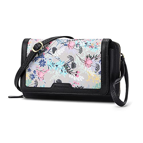 Peacocktion Damen Umhängetasche, Kleine Crossbody Taschen Schultertasche, Handgelenkstaschen Geldbörse mit Crossbody und Handgelenk 2 Riemen, Handytasche zum Umhängen, 02-Schwarz Floral von Peacocktion