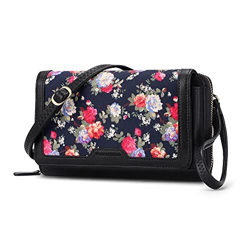 Peacocktion Damen Umhängetasche, Kleine Crossbody Taschen Schultertasche, Handgelenkstaschen Geldbörse mit Crossbody und Handgelenk 2 Riemen, Handytasche zum Umhängen, 03-Schwarz Rose Floral von Peacocktion