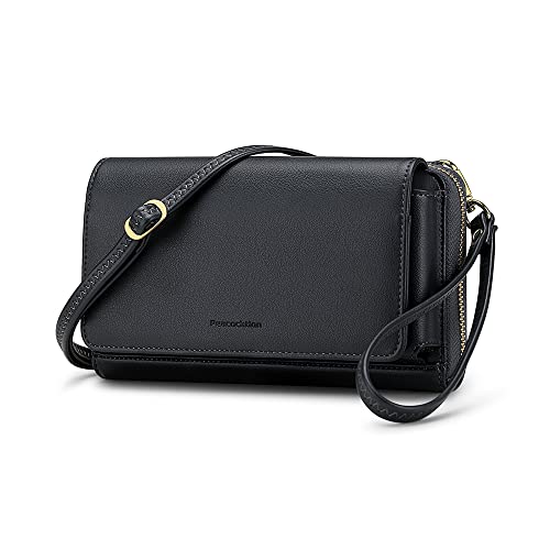 Peacocktion Damen Umhängetasche, Kleine Crossbody Taschen Schultertasche, Handgelenkstaschen Geldbörse mit Crossbody und Handgelenk 2 Riemen, Handytasche zum Umhängen mit Kartenhalter, 001-Schwarz von Peacocktion