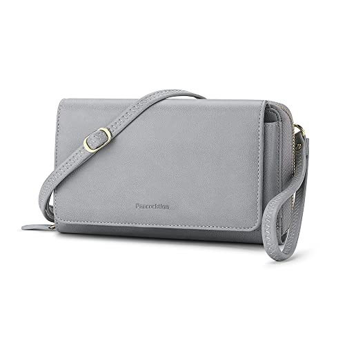 Peacocktion Damen Umhängetasche, Kleine Crossbody Taschen Schultertasche, Handgelenkstaschen Geldbörse mit Crossbody und Handgelenk 2 Riemen, Handytasche zum Umhängen mit Kartenhalter, 01-Licht Grau von Peacocktion