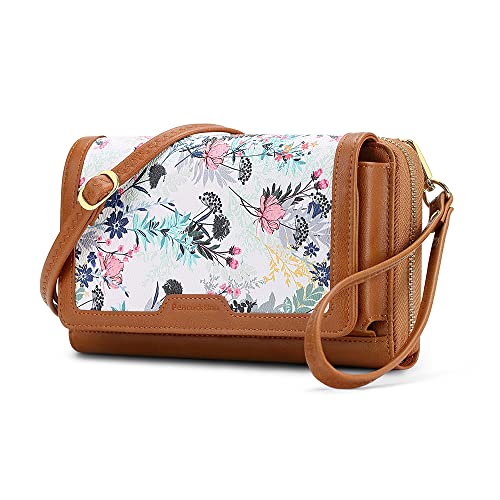 Peacocktion Damen Umhängetasche, Kleine Crossbody Taschen Schultertasche, Handgelenkstaschen Geldbörse mit Crossbody und Handgelenk 2 Riemen, Handytasche zum Umhängen mit Kartenhalter, 02-Braun Floral von Peacocktion