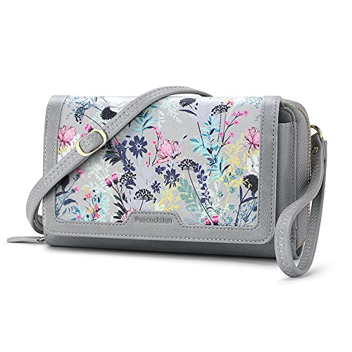 Peacocktion Damen Umhängetasche, Kleine Crossbody Taschen Schultertasche, Handgelenkstaschen Geldbörse mit Crossbody und Handgelenk 2 Riemen, Handytasche zum Umhängen mit Kartenhalter, 02-Grau Floral von Peacocktion