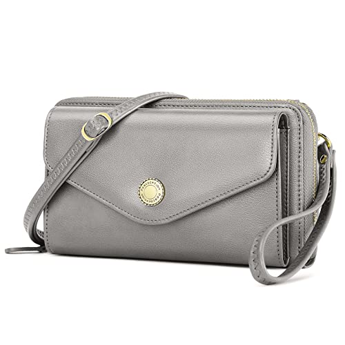 Peacocktion Damen Umhängetasche, Kleine Crossbody Taschen Schultertasche, Handgelenkstaschen Geldbörse mit Crossbody und Handgelenk 2 Riemen, Handytasche zum Umhängen mit Kartenhalter, 06-Licht Grau von Peacocktion