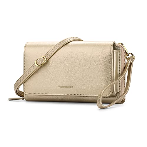 Peacocktion Damen Umhängetasche, Kleine Crossbody Taschen Schultertasche, Handgelenkstaschen Geldbörse mit Crossbody und Handgelenk 2 Riemen, Handytasche zum Umhängen mit RFID Kartenhalter, 01-Gold von Peacocktion