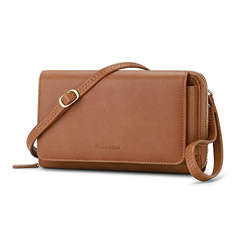 Peacocktion Damen Umhängetasche, Kleine Crossbody Taschen Schultertasche, Handgelenkstaschen Geldbörse mit Crossbody und Handgelenk 2 Riemen, Handytasche zum Umhängen mit RFID Kartenhalter, 01-Braun von Peacocktion