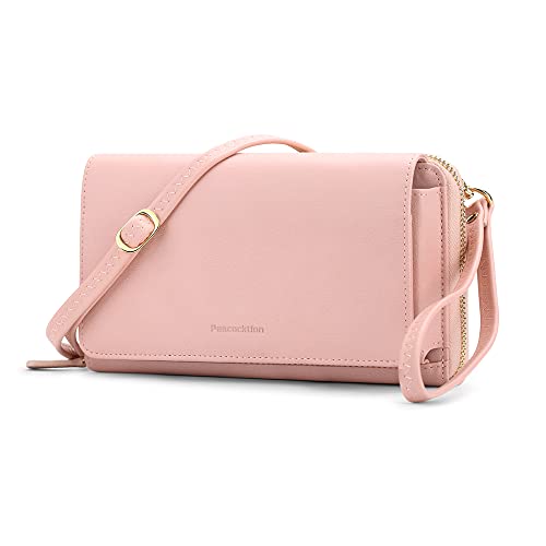 Peacocktion Damen Umhängetasche, Kleine Crossbody Taschen Schultertasche, Handgelenkstaschen Geldbörse mit Crossbody und Handgelenk 2 Riemen, Handytasche zum Umhängen mit RFID Kartenhalter, 01-Rosa von Peacocktion