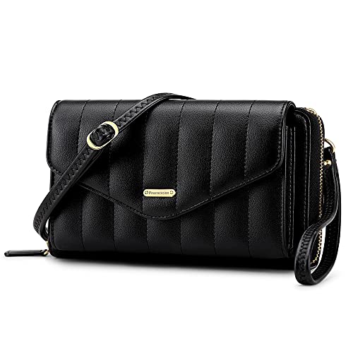 Peacocktion Damen Umhängetasche, Kleine Crossbody Taschen Schultertasche, Handgelenkstaschen Geldbörse mit Crossbody und Handgelenk 2 Riemen, Handytasche zum Umhängen mit RFID Kartenhalter, 05-Schwarz von Peacocktion