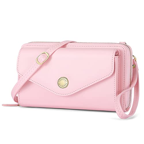 Peacocktion Damen Umhängetasche, Kleine Crossbody Taschen Schultertasche, Handgelenkstaschen Geldbörse mit Crossbody und Handgelenk 2 Riemen, Handytasche zum Umhängen mit RFID Kartenhalter, 06-Rosa von Peacocktion