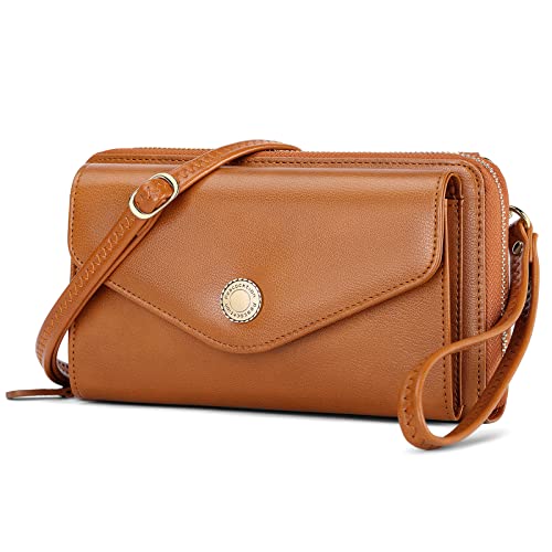 Peacocktion Damen Umhängetasche, Kleine Crossbody Taschen Schultertasche, Handgelenkstaschen Geldbörse mit Crossbody und Handgelenk 2 Riemen, Handytasche zum Umhängen mit RFID Kartenhalter, 06-Braun von Peacocktion