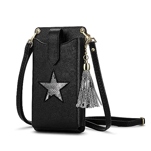 Peacocktion Handytasche zum Umhängen, Kleine Umhängetasche Damen, Crossbody Handytasche Geldbörse, Handy Umhängetasche mit Kartenfächer, Crossbody Tasche für Damen, 03-Schwarz Stern Litchi Quaste von Peacocktion