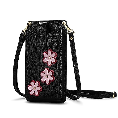 Peacocktion Handytasche zum Umhängen, Kleine Umhängetasche Damen, Crossbody Handytasche Geldbörse, Handy Umhängetasche mit Kartenfächer, Crossbody Tasche für Damen, 04-Schwarz Litchi Blumen von Peacocktion