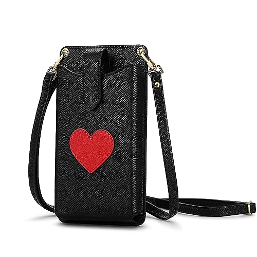 Peacocktion Handytasche zum Umhängen, Kleine Umhängetasche Damen, Crossbody Handytasche Geldbörse, Handy Umhängetasche mit Kartenfächer, Crossbody Tasche für Damen, 04-Schwarz Litchi Herz von Peacocktion