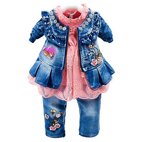 Peacolate Baby Kleidung, Babykleidung Mädchen Baby Outfit Mädchen 3 -teilige Langarm Spitze T-Shirt Reißverschluss Stickerei Jeansjacke und Stickerei Jeans 6Monate-4Jahre(6-12M, Orange) von Peacolate