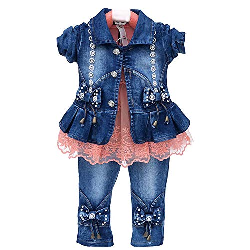 Peacolate Baby Kleidung, Baby Mädchen Kleidung Baby Outfit Mädchen 3tlg Babykleidung Set Langarm T-Shirt Jeansjacke und Jeanshose Frühling Herbst Babyset 6Monate-4Jahre (Orange,1-2J) von Peacolate