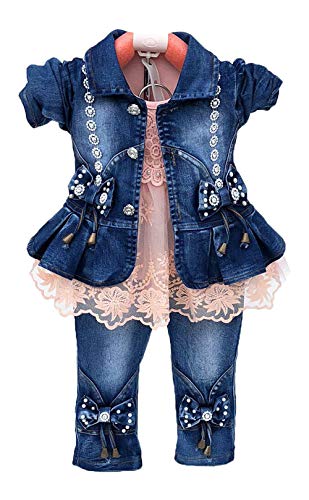 Peacolate Baby Kleidung, Baby Mädchen Kleidung Baby Outfit Mädchen 3tlg Babykleidung Set Langarm T-Shirt Jeansjacke und Jeanshose Frühling Herbst Babyset 6Monate-4Jahre (Pink,2-3J) von Peacolate