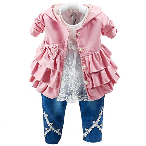 Peacolate 6M-4J Baby Kleidung Mädchen Set 3 -teilige Outfits Langarm Spitze T-Shirt Leder Falbala Jacke und Jeans(2-3J, Rosa) von Peacolate