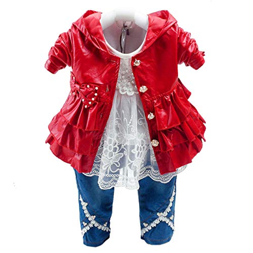 Peacolate 6M-4J Baby Kleidung Mädchen Set 3 -teilige Outfits Langarm Spitze T-Shirt Leder Falbala Jacke und Jeans(2-3J, Rot) von Peacolate