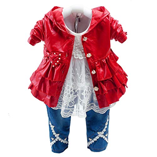 Peacolate 6M-4J Baby Kleidung Mädchen Set 3 -teilige Outfits Langarm Spitze T-Shirt Leder Falbala Jacke und Jeans (3-4J, Rot) von Peacolate