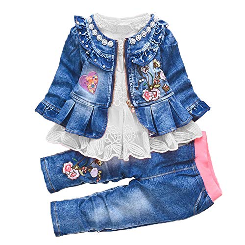 Peacolate Baby Kleidung, Babykleidung Mädchen Baby Outfit Mädchen 3 -teilige Langarm Spitze T-Shirt Reißverschluss Stickerei Jeansjacke und Stickerei Jeans 6Monate-4Jahre(2-3J, Weiß) von Peacolate