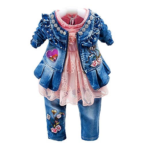 Peacolate 6M- 4J Winter Baby Mädchen Kleidung Set 3 -teilige Outfits Langarm Spitze T-Shirt Reißverschluss Stickerei Jeansjacke und Stickerei Jeans (3-4J, Rosa) von Peacolate