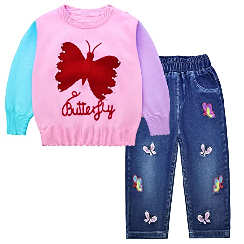 Peacolate Mädchen Kleidung,Baby Mädchen Bekleidungsset 2tlg Baumwolle Schmetterling Pullover und Stickerei Jeanshose 18Monate-8Jahre (Rosa Schmetterling, 7-8Jahre) von Peacolate