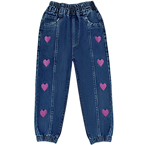 Peacolate 2-12Jahre Kleine Mädchen Stretch Langarm Jeanshose Straight Lose Jeans Gestickter Herz Blau Denim Hose(Rosa Herz,7Jahre) von Peacolate