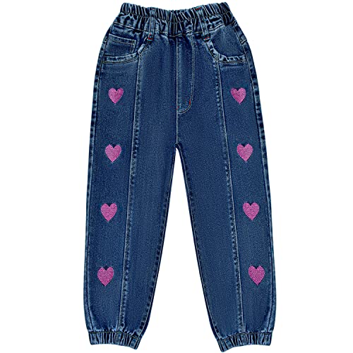 Peacolate 2-12Jahre Kleine Mädchen Stretch Langarm Jeanshose Straight Lose Jeans Gestickter Herz Blau Denim Hose(Rosa Herz,9-10Jahre) von Peacolate