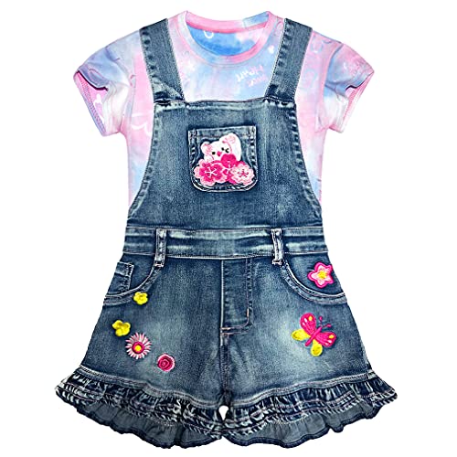 Peacolate 2-6 Jahre Kleines Mädchen Shorts Sets 2tlg Lässiges Outfits Bestickt Denim Kurze Overalls und Kurzarm Krawatte Färben T-Shirt (Herz,3Jahre) von Peacolate