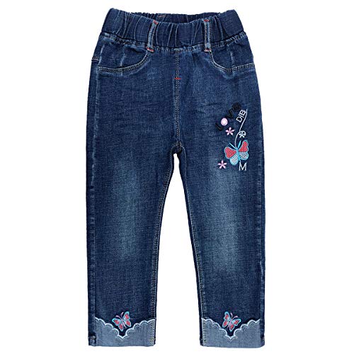 Peacolate 2-6J Baby Kleine Mädchen Stickerei Schmetterling Jeans elastischer Gürtel lässige Jeans Hose(Schmetterling, 3-4J) von Peacolate