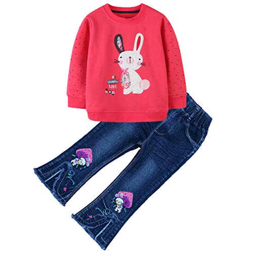 Peacolate 2-7 Jahre Mädchen Kleidung Set 2pcs Langärmliges T-Shirt und Bestickt Jeans (Rot, 2Jahre) von Peacolate