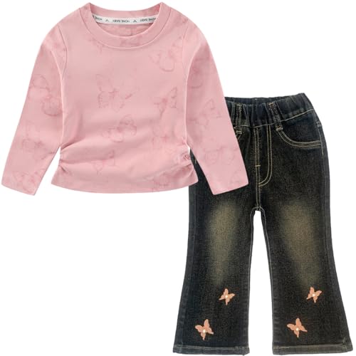 Peacolate 2-7J Frühling Herbst Kleine Mädchen 2pcs Kleidung Set Schmetterling T-Shirt und Boot-geschnittene Jeans(Rosa, 2-3Jahre) von Peacolate