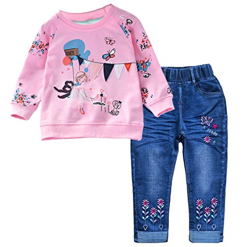 Peacolate 2-7Jahre Mädchen Hosen Set 2 Stück Bedrucktes Baumwolle Langärmliges Top und Bestickt Jeans(Schmetterling,2Jahre) von Peacolate