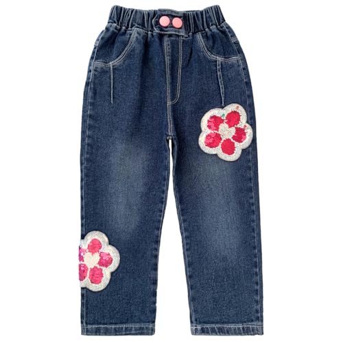 Peacolate 2-8Jahre Baby Mädchen Stretch Langarm Jeanshose Blau Denim Hose Straight Flip Pailletten Jeans(Floral,2Jahre) von Peacolate