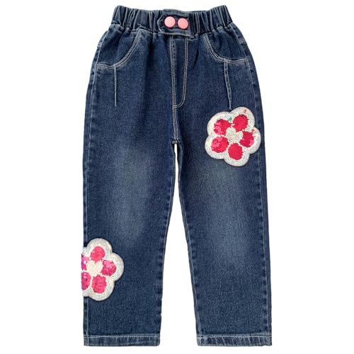 Peacolate 2-8Jahre Baby Mädchen Stretch Langarm Jeanshose Blau Denim Hose Straight Flip Pailletten Jeans(Floral,6-7Jahre) von Peacolate