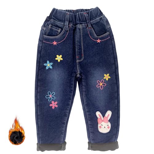 Peacolate 2-9 Jahre Winter kleine Mädchen Wolle gefüttert Dicke Jeans gestickte Jeans(Blumen Hasen, 4 Jahre) von Peacolate