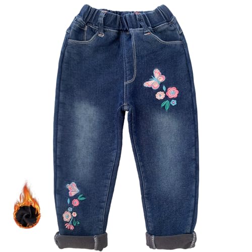 Peacolate 2-9 Jahre Winter kleine Mädchen Wolle gefüttert Dicke Jeans gestickte Jeans(Schmetterling, 8-9 Jahre) von Peacolate