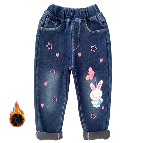 Peacolate 2-9 Jahre Winter kleine Mädchen Wolle gefüttert Dicke Jeans gestickte Jeans(Schmetterling Hasen, 3 Jahre) von Peacolate