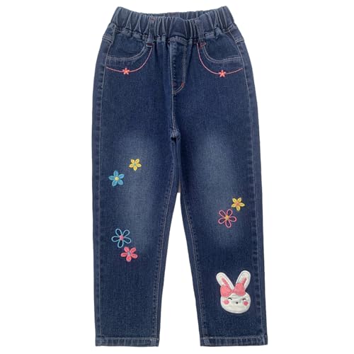 Peacolate 3-10Jahre Frühling Herbst Sommer Little&Big Mädchen Jeans gestickte Kaninchen Blume Denim Hosen Cowboy Hosen (Kaninchen Blume, 4Jahre) von Peacolate