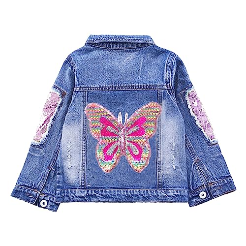 Peacolate 3-10Jahre Kleine Große Mädchen Jeansjacke Stickerei Pailletten Schmetterling Frühling Herbst Denim Mäntel(Rosa Schmetterling,7-8Jahre) von Peacolate