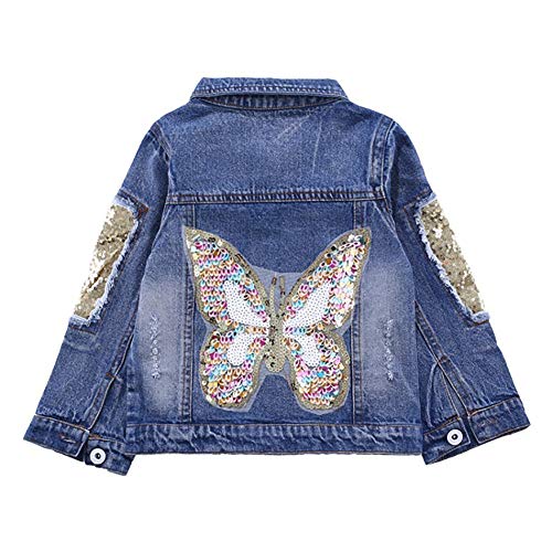 Peacolate 3-11 Jahre Mädchen Denim Jacke Schmetterlings Pailletten Mantel(Schmetterling.6-7J) von Peacolate