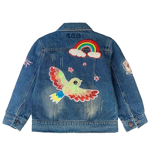 Peacolate 3-11Jahre kleine Mädchen Jeansjacke Kiner Oberbekleidung sticken Regenbogen Vögel und Blumen Frühling Herbst Denim Mäntel (Regenbogen,3-4Jahre) von Peacolate