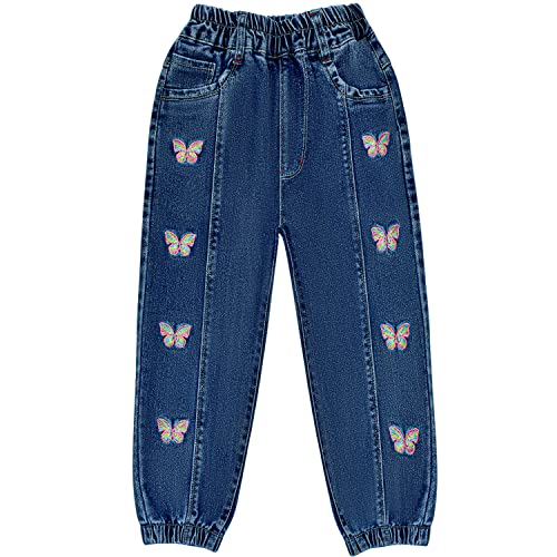 Peacolate 3-12Jahre Kleine Mädchen Stretch Langarm Jeanshose Straight Lose Jeans Gestickter Schmetterling Dunkelblau Denim Hose(Schmetterling,9-10Jahre) von Peacolate